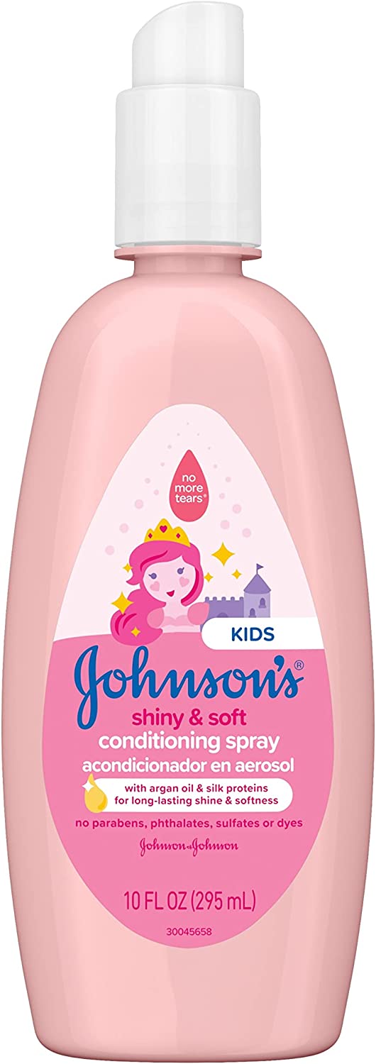 230816021757275_1 Johnson's Baby Shiny & Soft Tear-Free Kids' Hair Conditioning Spray with Argan Oil & Silk Proteins, Paraben, Sulfate & Dye-Free Formula, Hypoallergenic & Gentle for Toddlers, 10 Fl Oz - Image 1